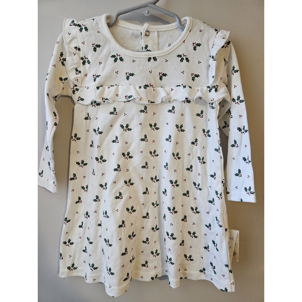 Harry & Violet Baby Girl Holiday Dress 18–24M White with Holly Print Long Sleeve